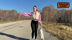 Hot bitch hitchhikes in tight gym leggings, shows off her tits and ass, and pays for the ride with sex