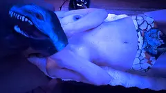 Big tit blonde works a fat cock with a dinosaur puppet and dinosaur panties until it cums a river down her big tits